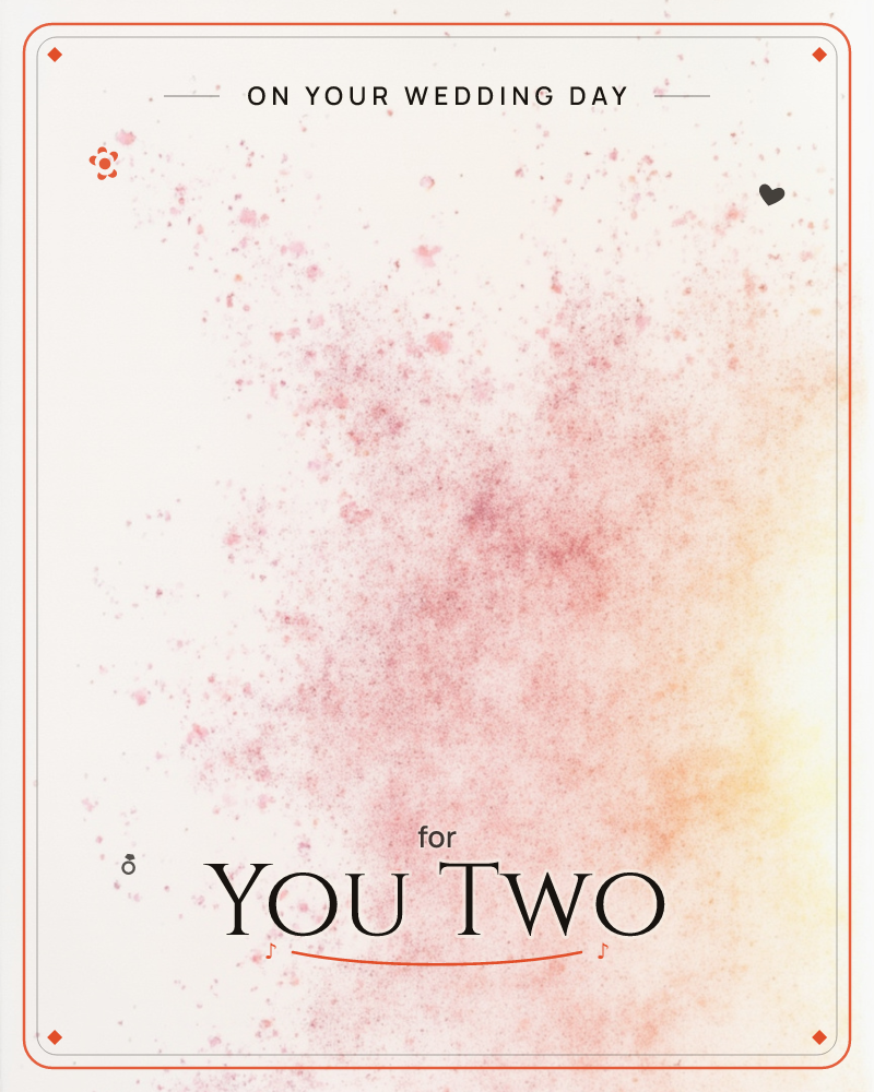 A soft cloud of pink speckled texture drifts across a pale, glowing background, thinning into a warm golden haze at one edge, a wedding e-card design