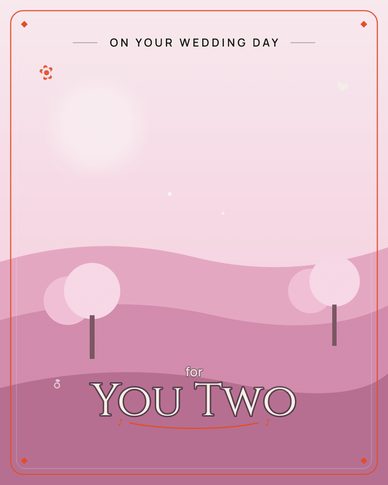 A minimalist landscape rendered in soft rounded shapes, with a pale glowing sun low in a hazy sky above rolling hills, a wedding e-card design by @DittyCityTeam