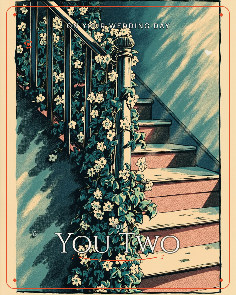 A stairway banister is overtaken by a flowering vine, white blossoms and green leaves cascading down the railing and spilling onto the pink-tinted steps, a wedding e-card design
