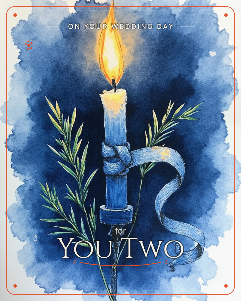 A single blue candle burns brightly against a deep indigo watercolour wash, its flame glowing gold in the centre of the page, a wedding e-card design