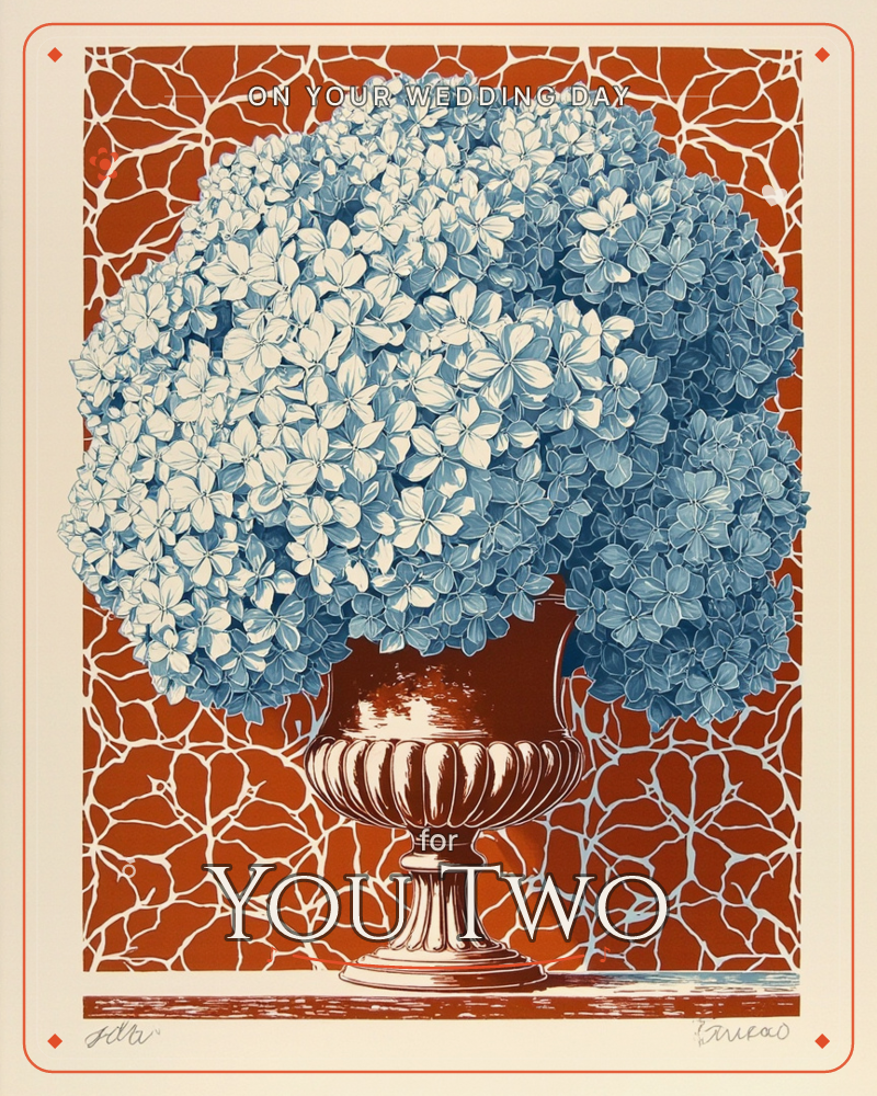 A fluted urn holds an oversized cluster of pale blue hydrangea blooms, set against a burnt-orange background patterned with cracked, vein-like white lines, a wedding e-card design