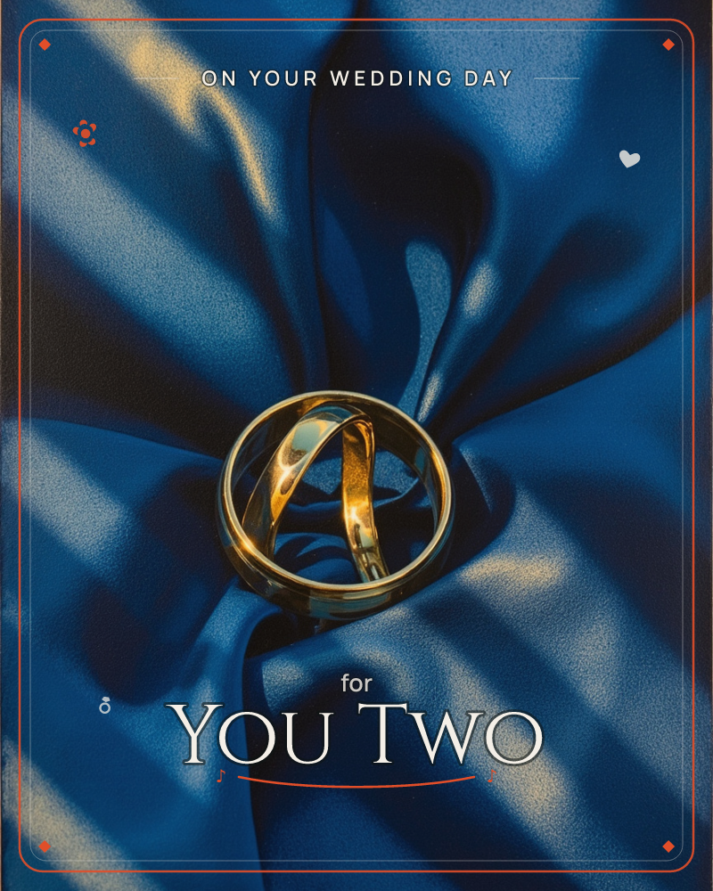 Two interlocking gold rings rest at the centre of gathered blue satin, its folds catching sharp diagonal beams of light, a wedding e-card design