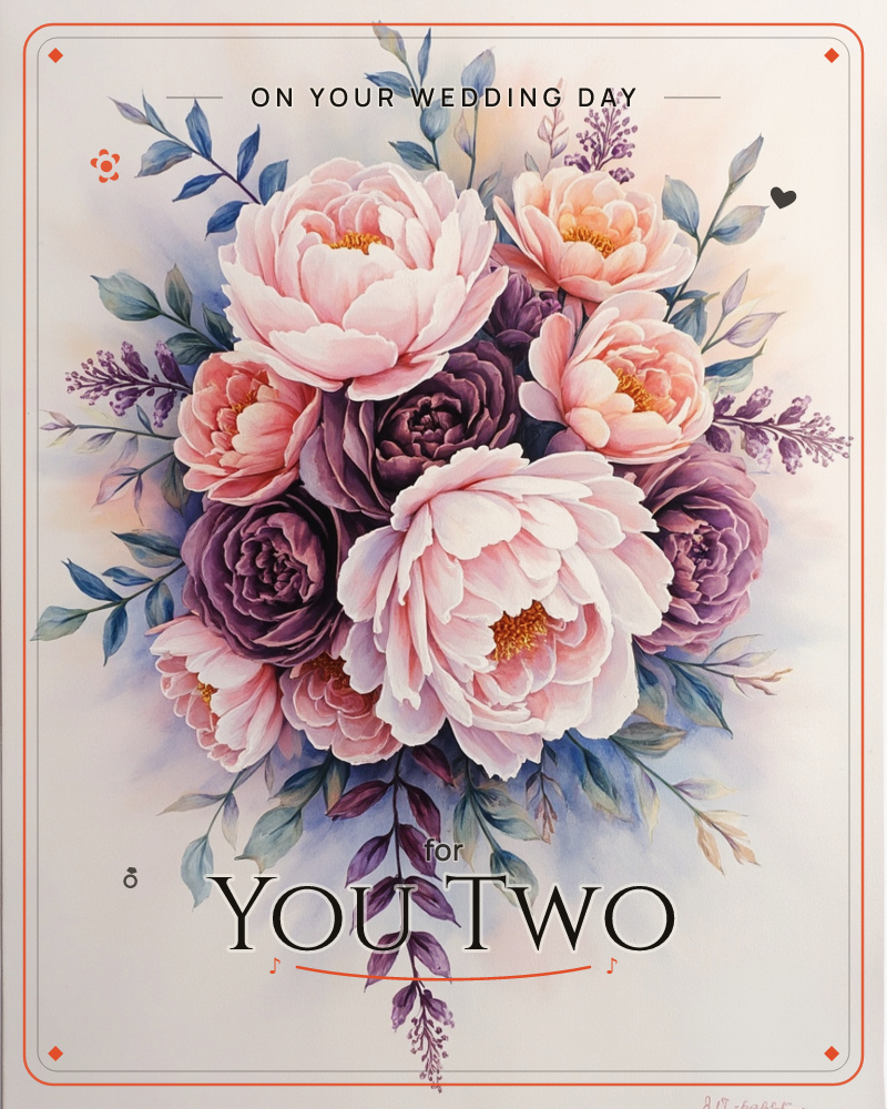 A lush bouquet of peonies clusters at the centre of the card, blush-pink blooms with golden centres mingling with deep plum roses, a wedding e-card design