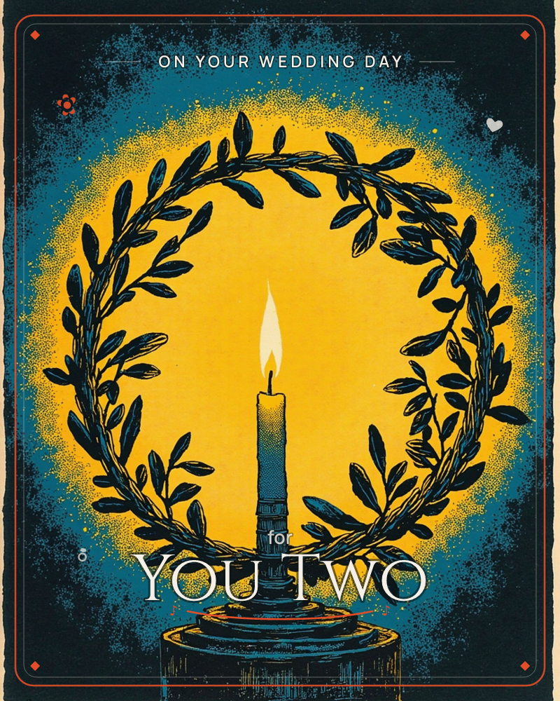 A single lit candle stands in a carved holder, framed by a circular wreath of leafy branches rendered in deep teal ink, a wedding e-card design