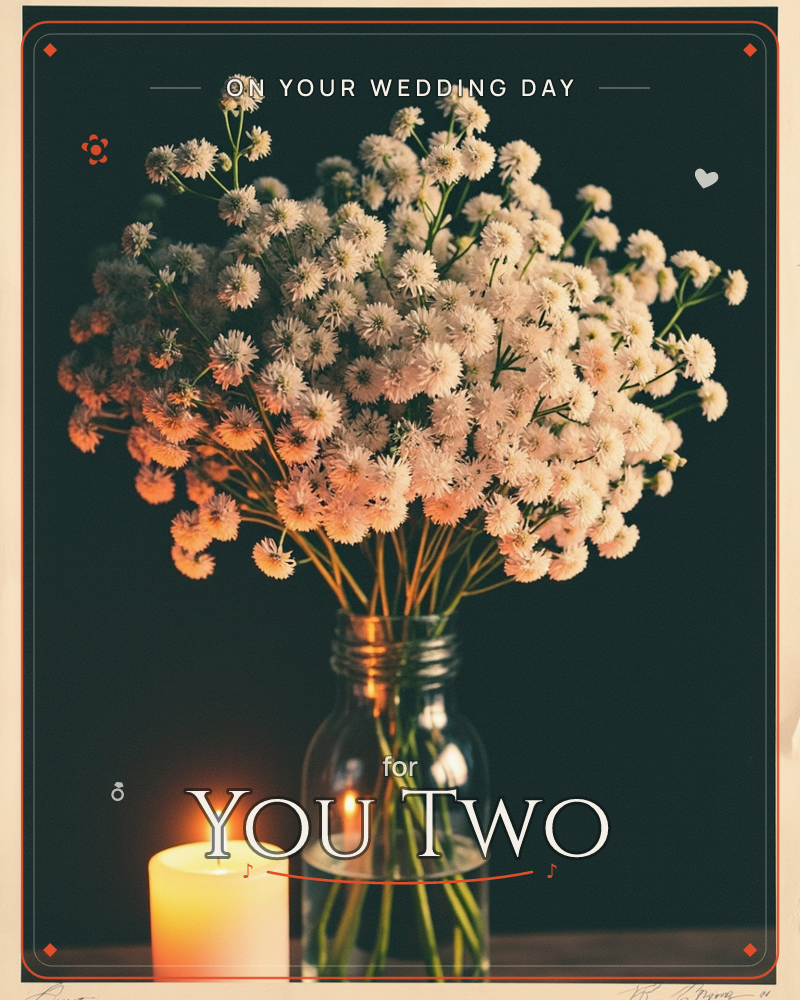 A glass jar overflowing with small pom-pom flowers glows warmly against a deep teal-black backdrop, lit from below by a single lit candle beside it, a wedding e-card design