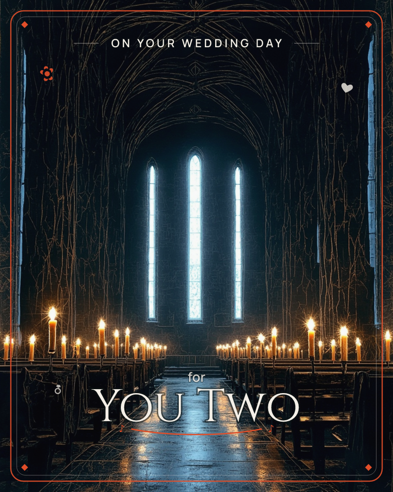 A darkened cathedral nave stretches toward three tall arched windows glowing pale blue-white against the gloom, gothic ribs tracing the vaulted ceiling…, a wedding e-card design