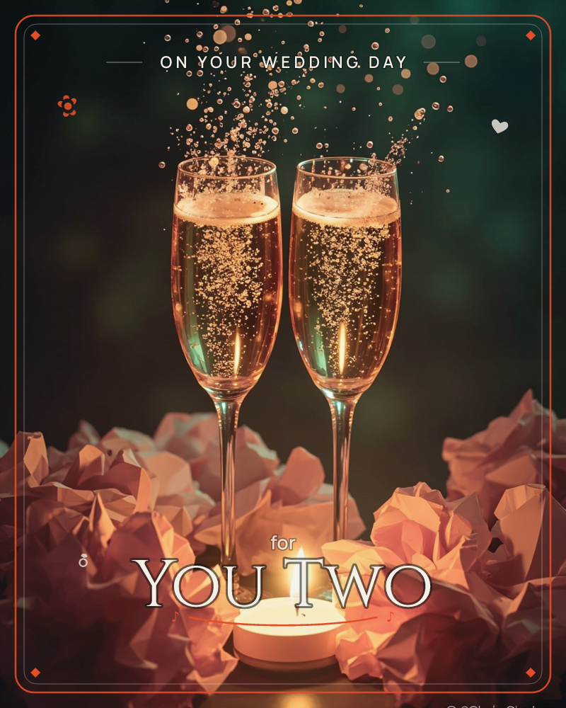 Two champagne flutes clink together against a dark backdrop, fizz caught mid-splash and catching the light like scattered gold dust, a wedding e-card design