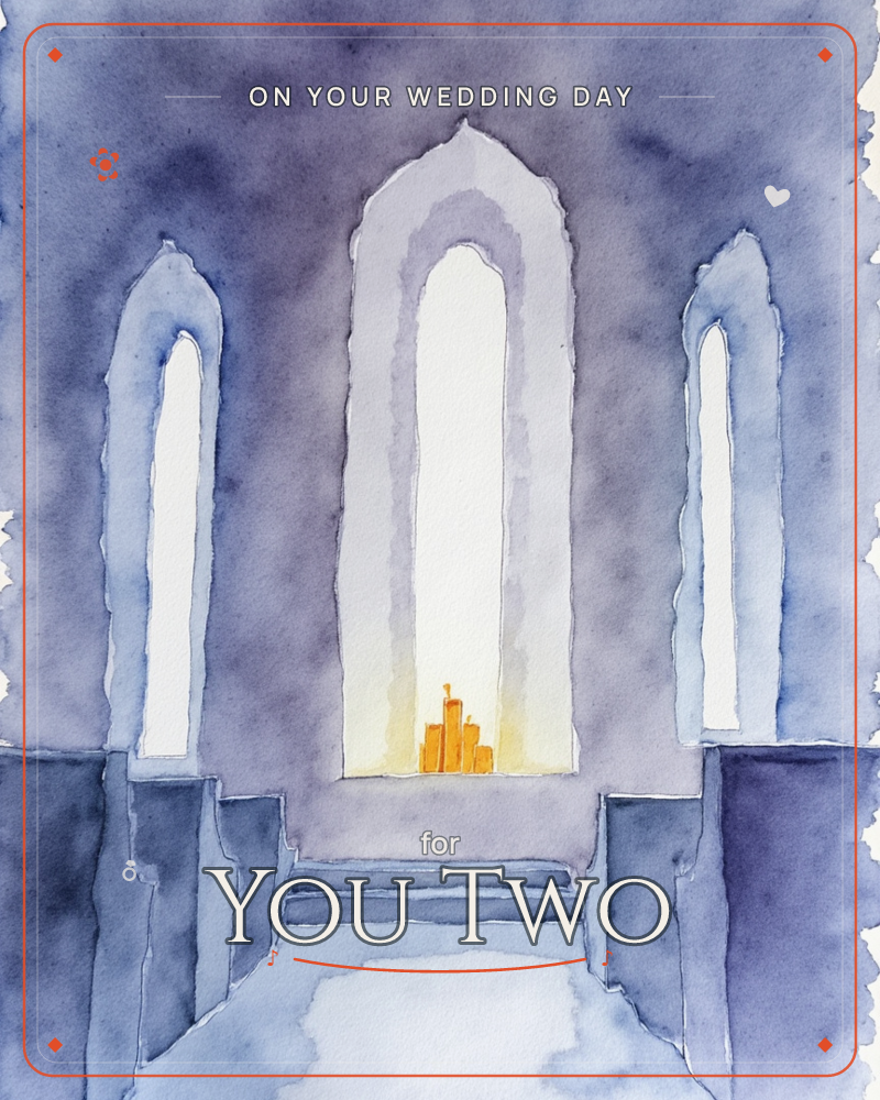 A watercolour view down a dim chapel aisle toward three tall arched windows, the central one glowing with a single lit candle silhouette against pale…, a wedding e-card design