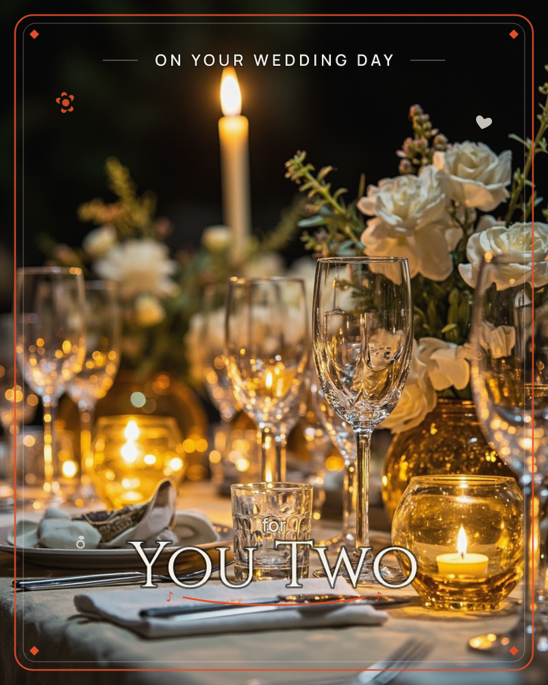 A candlelit dinner table glows in near-darkness, crystal wineglasses catching flickers of tea-light flame beside clusters of white roses, a wedding e-card design