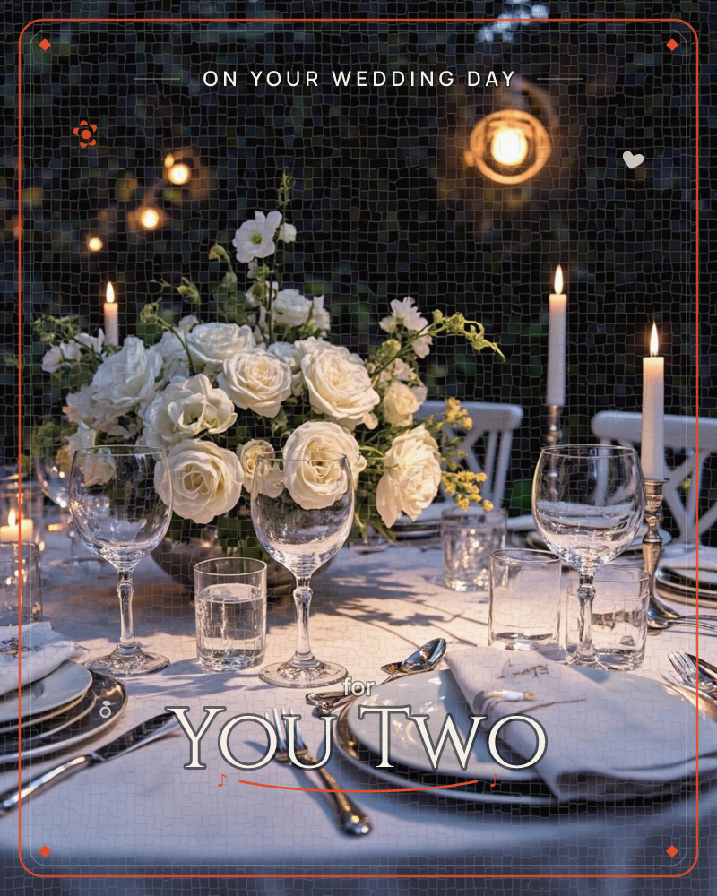 An outdoor dinner table set at dusk, with a low arrangement of white roses and trailing greenery as the centrepiece, a wedding e-card design