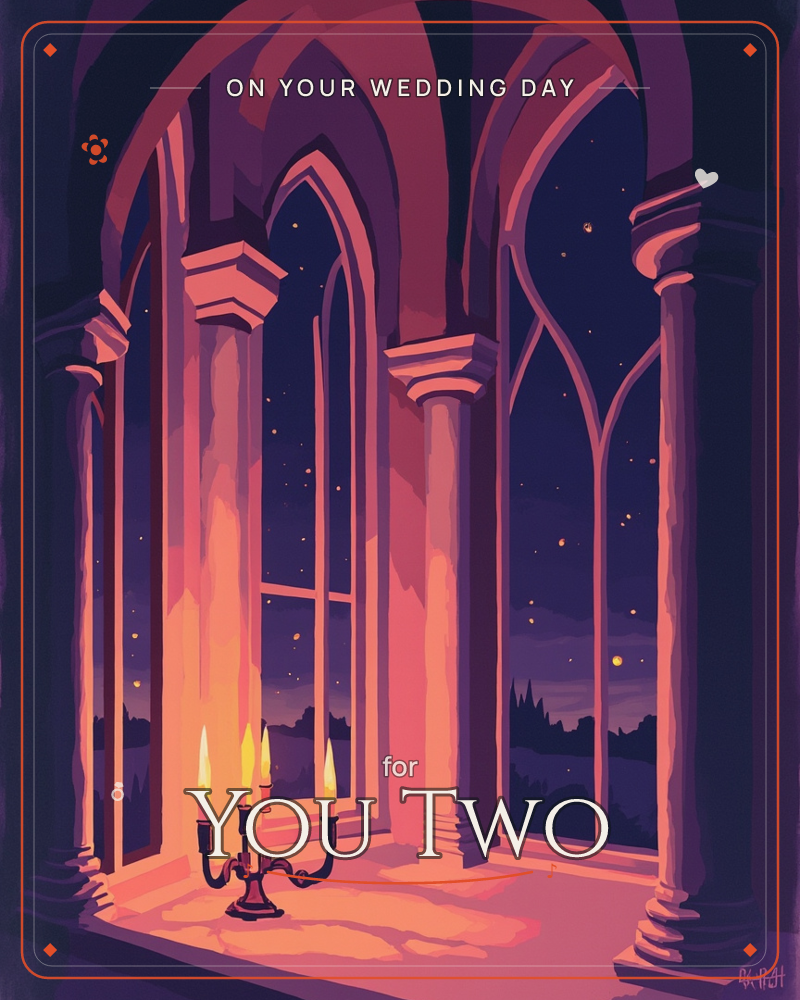 A gothic arched hall glows in candlelight, tall pointed windows opening onto a deep purple night sky scattered with stars, a wedding e-card design