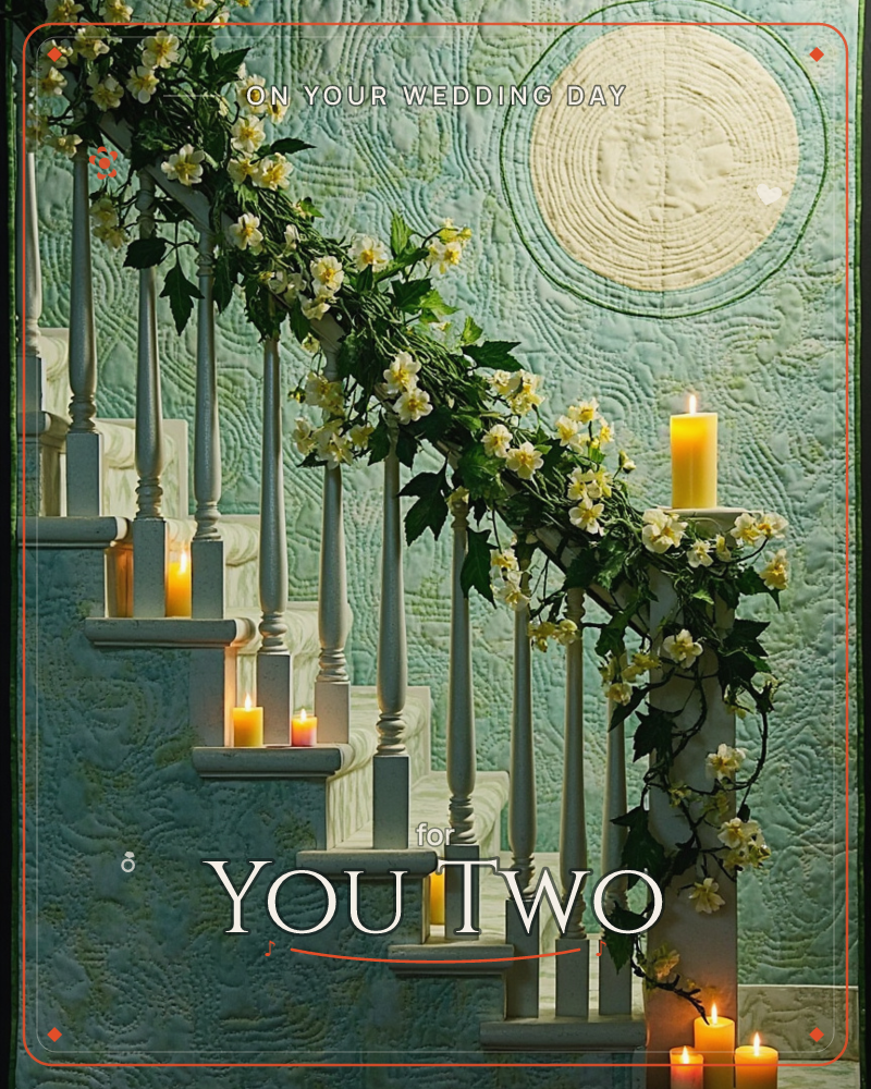 A staircase banister is draped with trailing ivy and clusters of small white blossoms, its steps lit by scattered candles glowing softly against a…, a wedding e-card design
