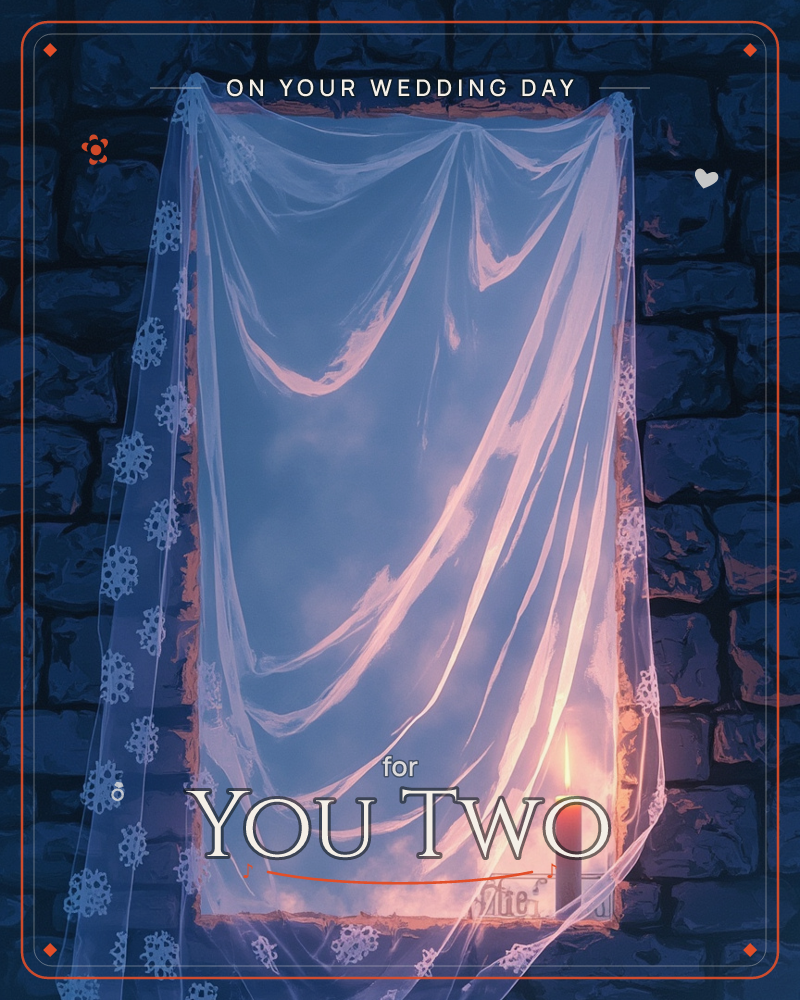 A sheer lace curtain hangs draped over a stone wall, glowing faintly with warm light from a single lit candle tucked in its lower folds, a wedding e-card design