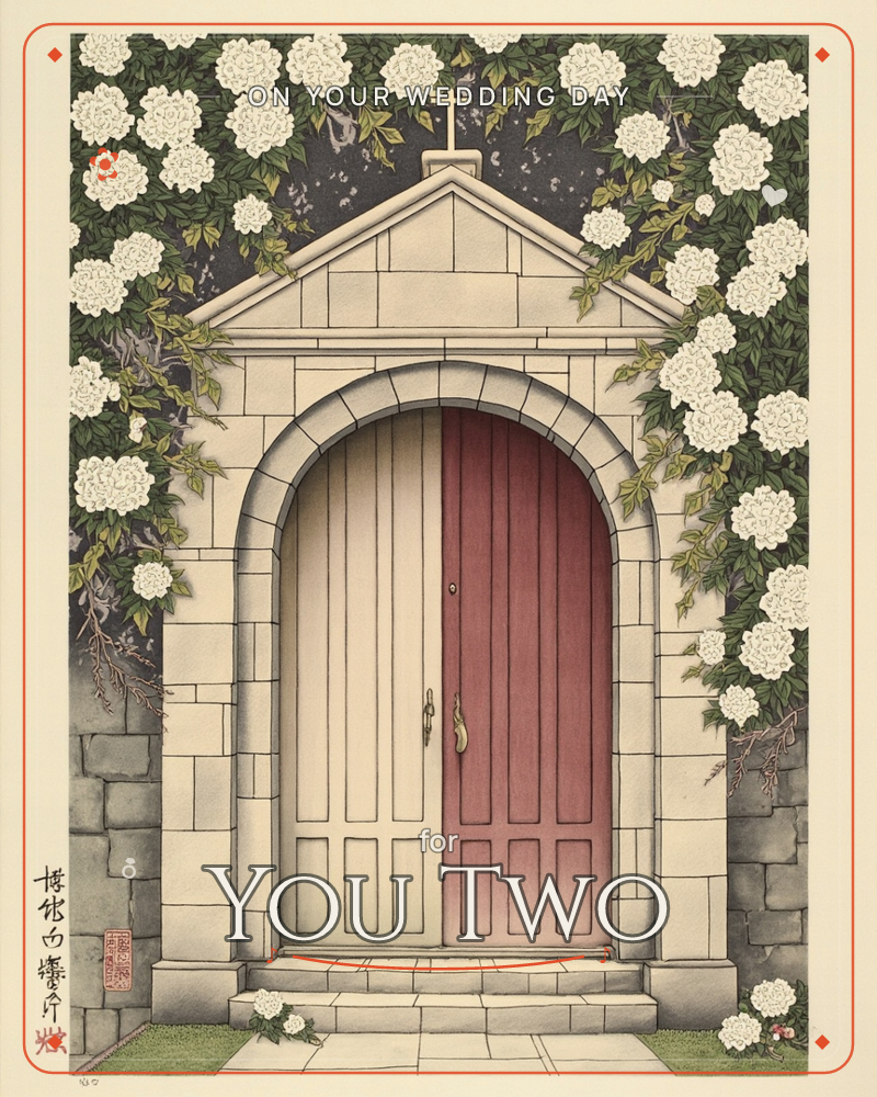 A stone chapel entrance stands beneath a peaked roof topped with a small cross, its arched doorway split into cream and dusty red wooden panels, a wedding e-card design
