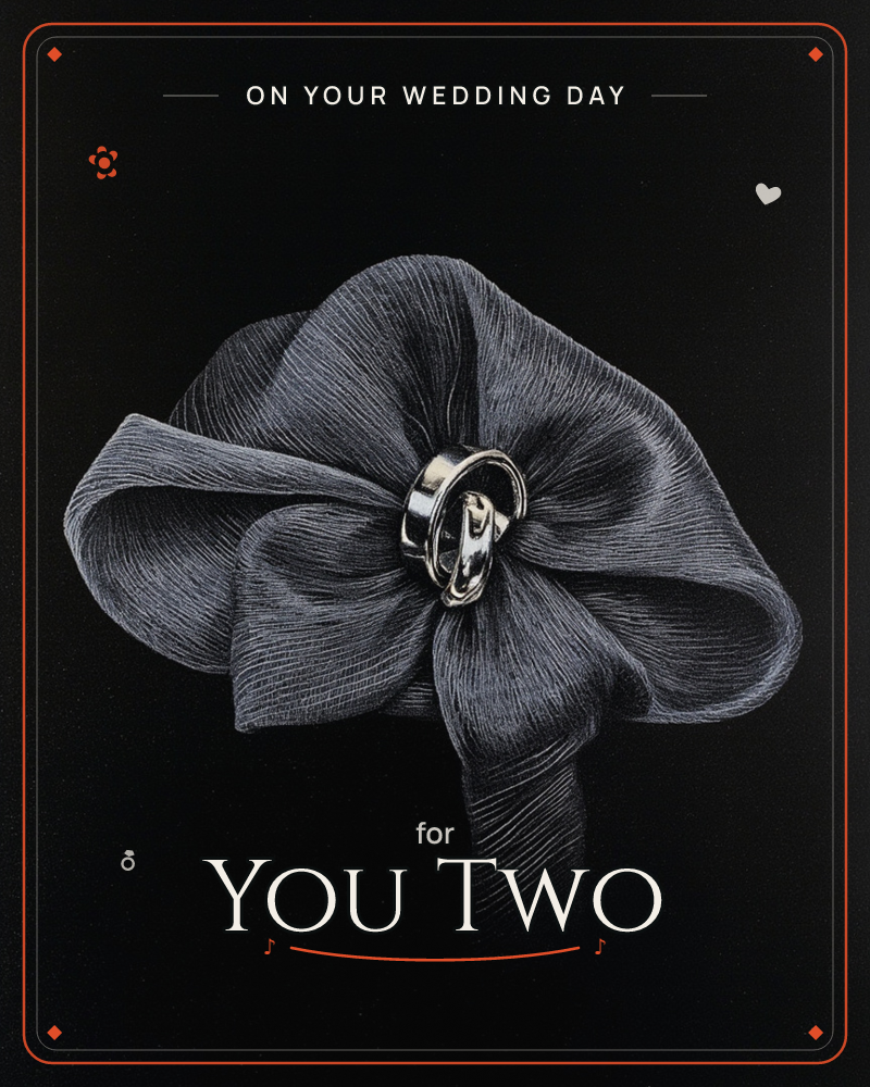 A single silky bow rendered in charcoal-grey pleated fabric sits against a deep black background, its centre cinched by a polished silver buckle that…, a wedding e-card design