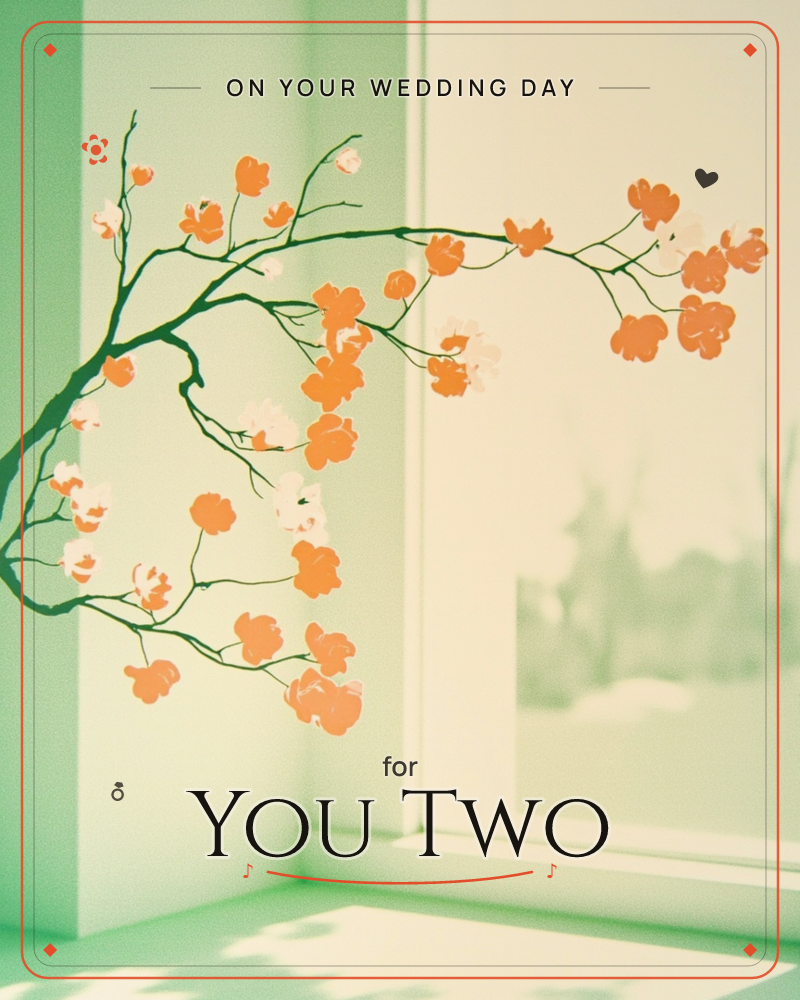 A painted branch of orange and cream blossoms arcs across a mint-green wall beside a sunlit window, its dark stems curling like calligraphy against the…, a wedding e-card design
