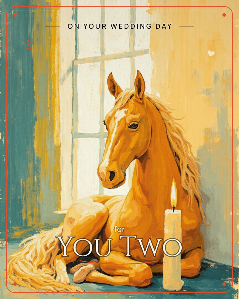 A golden palomino horse lies curled on the floor beside a tall window, its pale mane pooling around it like spilled light, a wedding e-card design