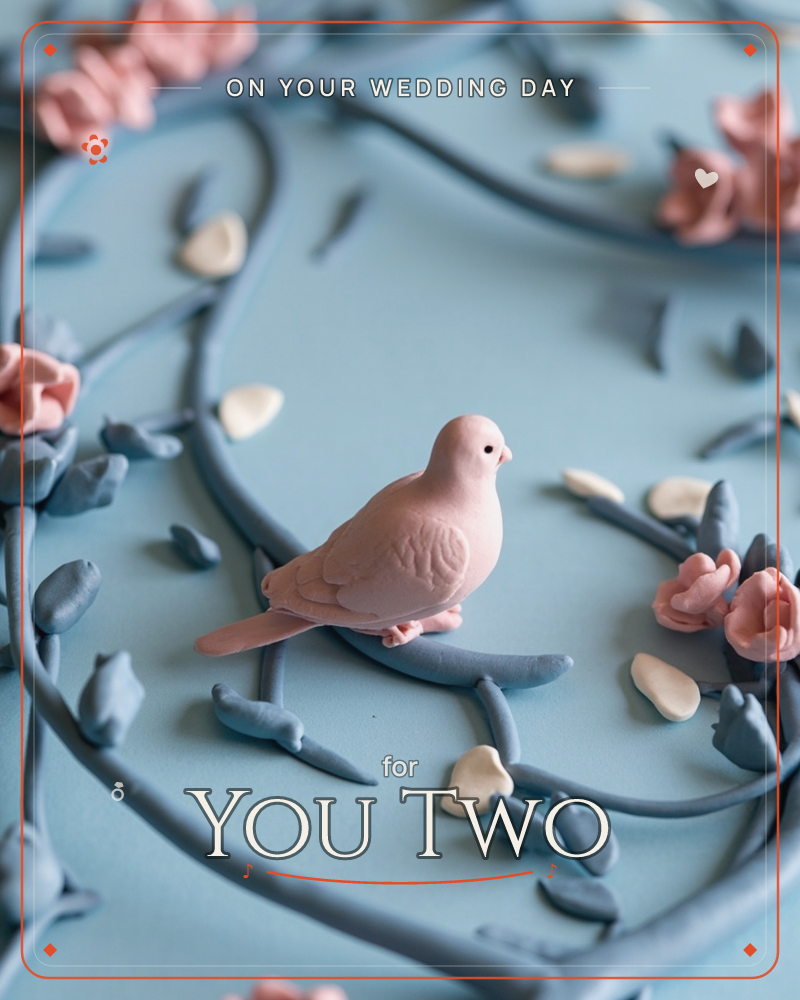 A soft pink dove perches on a sculpted vine against a dusty blue background, surrounded by clay-like blossoms and leaves molded in relief, a wedding e-card design