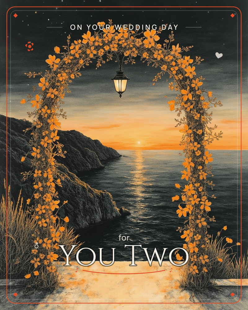 A stone archway twined with golden flowering vines frames a cliffside view of the sea at dusk, a lantern glowing at its centre as the sun dips into the…, a wedding e-card design