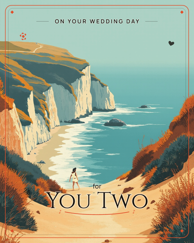 A woman in a pale dress walks alone down a sandy path toward a curving beach framed by tall white chalk cliffs, a wedding e-card design