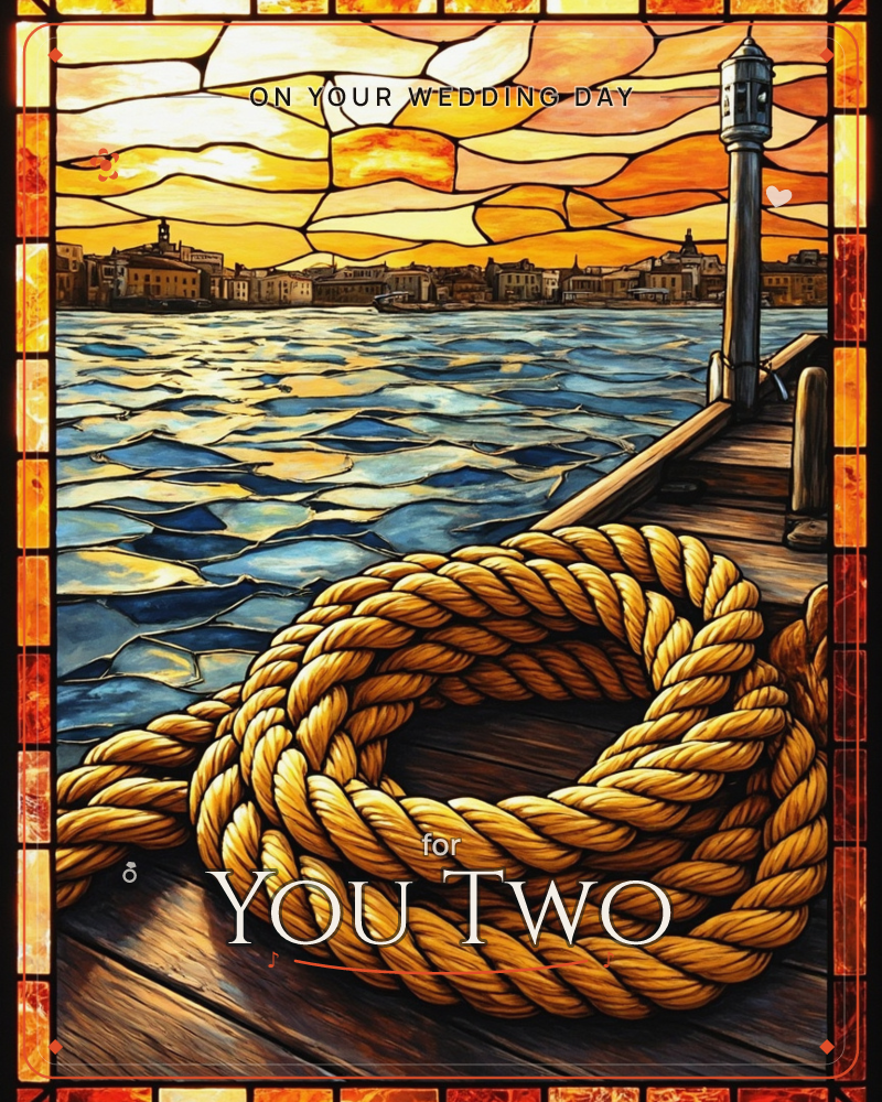 A stained-glass style illustration shows a thick coiled rope resting on a wooden dock, with a harbour town glowing under a golden sunset in the background, a wedding e-card design