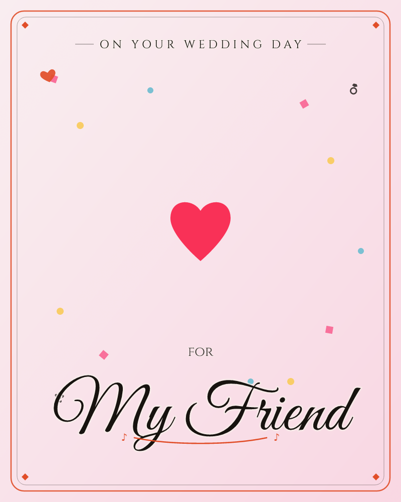 A single bright red heart floats in the centre of a soft pink glow, surrounded by scattered tiny confetti shapes in yellow, teal and pink, a wedding e-card design by @DittyCityTeam
