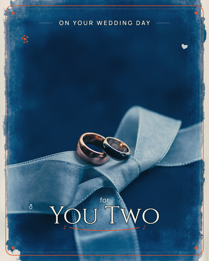 Two copper-toned rings rest together atop a soft blue ribbon tied in a loose knot, set against a deep navy backdrop with faded, painterly edges, a wedding e-card design