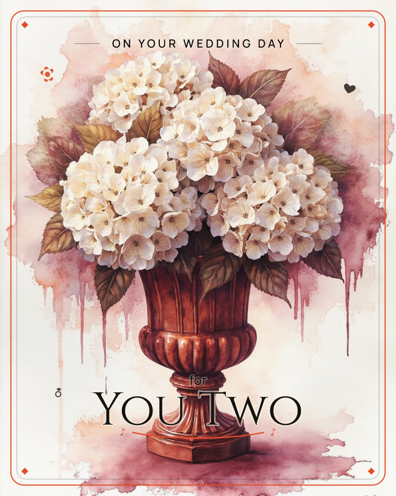 A fluted copper urn holds a lush cluster of creamy white hydrangeas with deep burgundy leaves, set against a hazy watercolor bloom of rose and cream…, a wedding e-card design