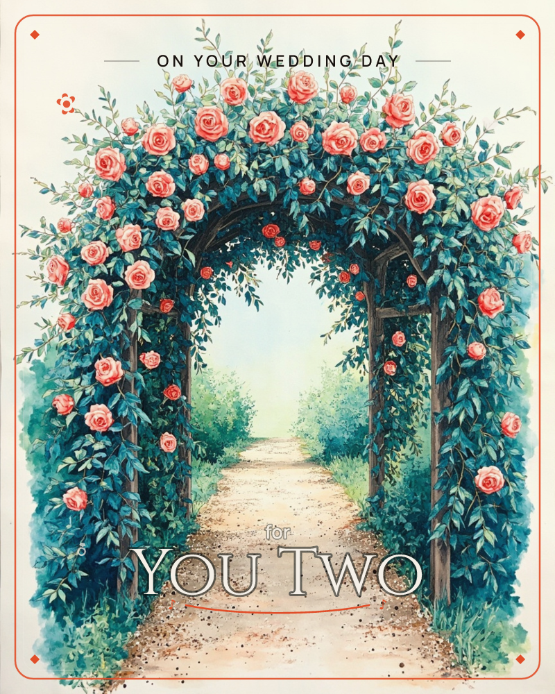 A garden archway is completely covered in climbing roses, their coral-pink blooms clustered thick against deep teal-green leaves, a wedding e-card design