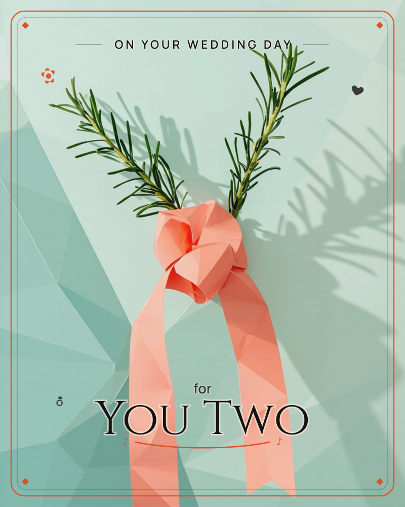 Two sprigs of rosemary splay upward like antlers, cinched together with a coral paper bow whose ribbons trail down against a faceted, low-poly…, a wedding e-card design