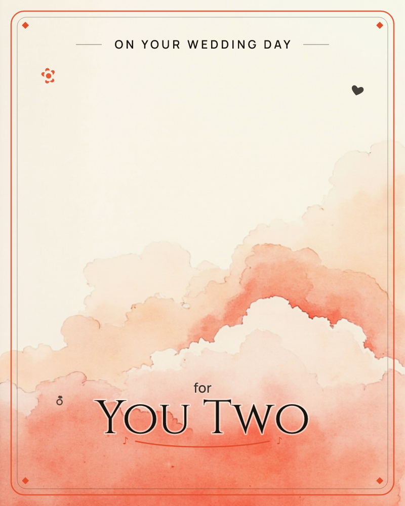 A watercolour bank of clouds glows in shades of coral and peach against a pale cream sky, their edges outlined in soft ink, a wedding e-card design