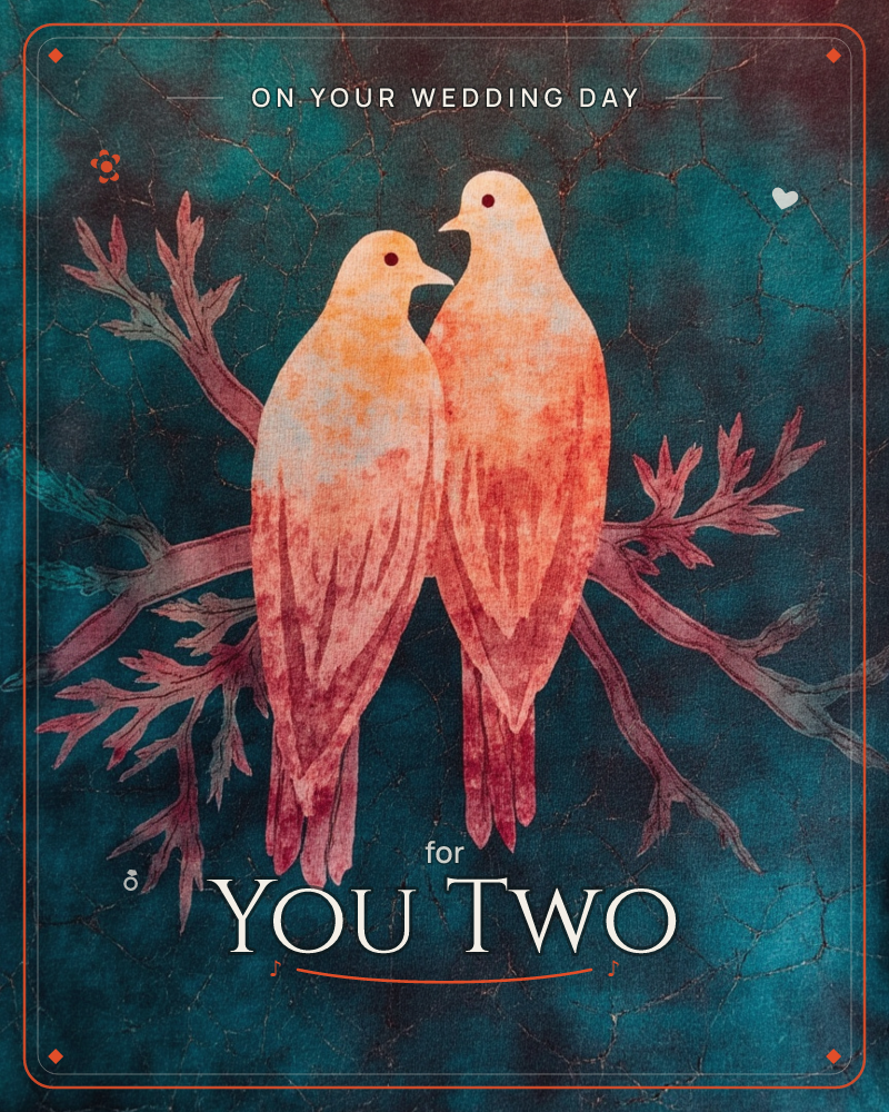 Two doves in warm coral and peach tones perch close together on a branch, their heads tilted toward each other against a deep teal background textured…, a wedding e-card design
