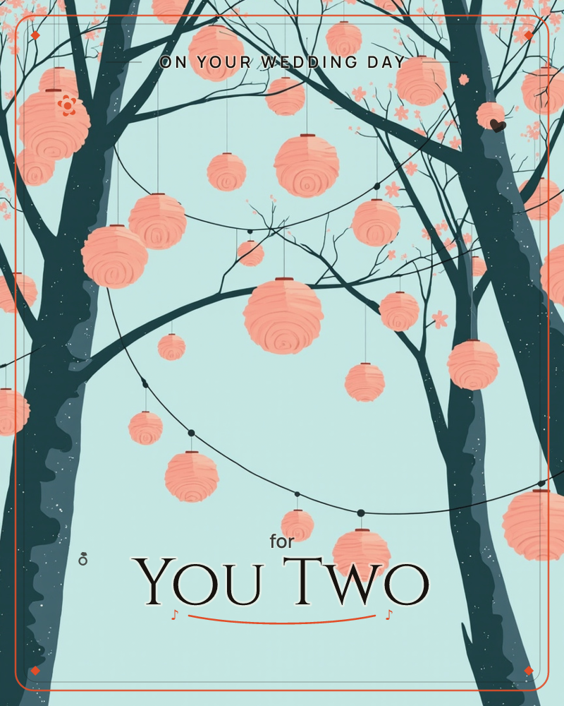 Dark, silhouetted trees stretch upward into a pale dusky sky, their bare branches strung with rows of glowing coral-pink paper lanterns, a wedding e-card design