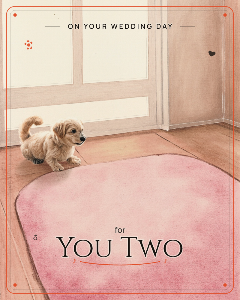A small golden-haired puppy trots across a sunlit wooden floor toward a soft pink rug, its tail curled up mid-stride, a wedding e-card design