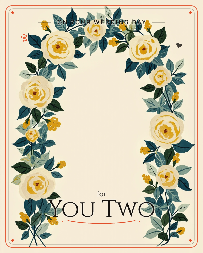An arch of creamy roses curves around an empty cream-coloured centre, framed by deep teal and dusty blue-green leaves and small clusters of…, a wedding e-card design