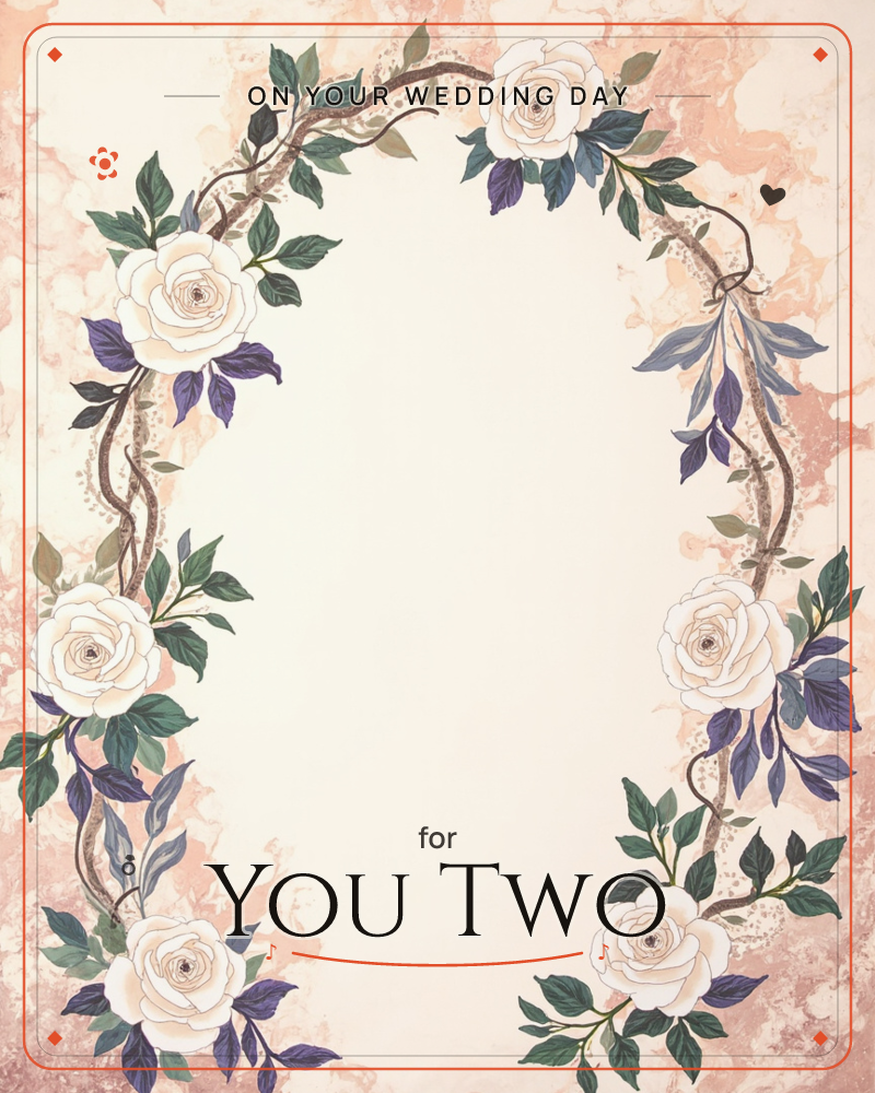 A ring of pale cream roses and trailing branches forms an arched frame around an empty ivory centre, with dusky purple leaves woven among the deeper…, a wedding e-card design