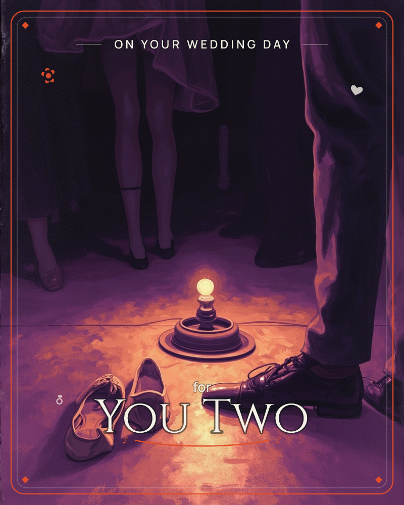 A close, cropped view of a dance floor at knee height: a small glowing lamp bulb sits on the ground casting warm orange light upward, surrounded by a…, a wedding e-card design