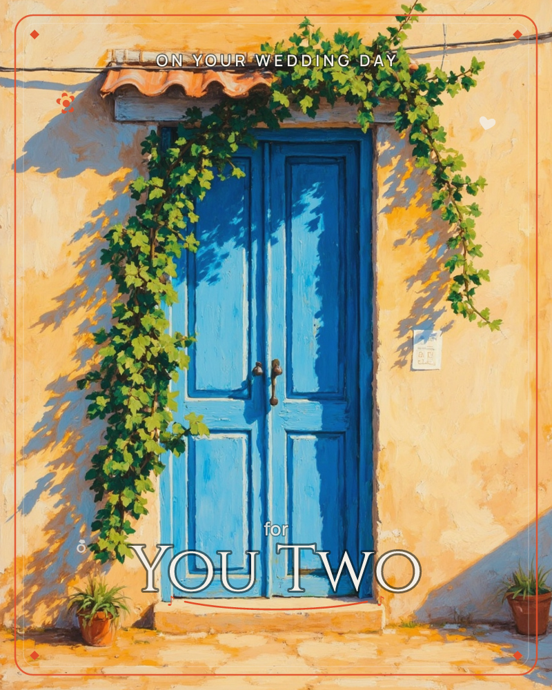 A weathered blue double door sits in a sun-baked ochre wall, framed by a terracotta tile awning and a cascade of green ivy spilling down one side, a wedding e-card design