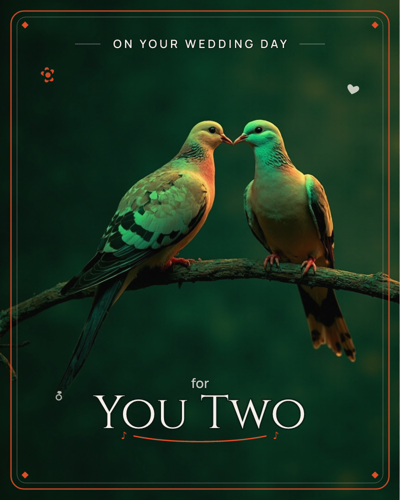 Two doves perch beak to beak on a curved branch, their green-tinged feathers catching a warm light against a deep, almost black forest background, a wedding e-card design