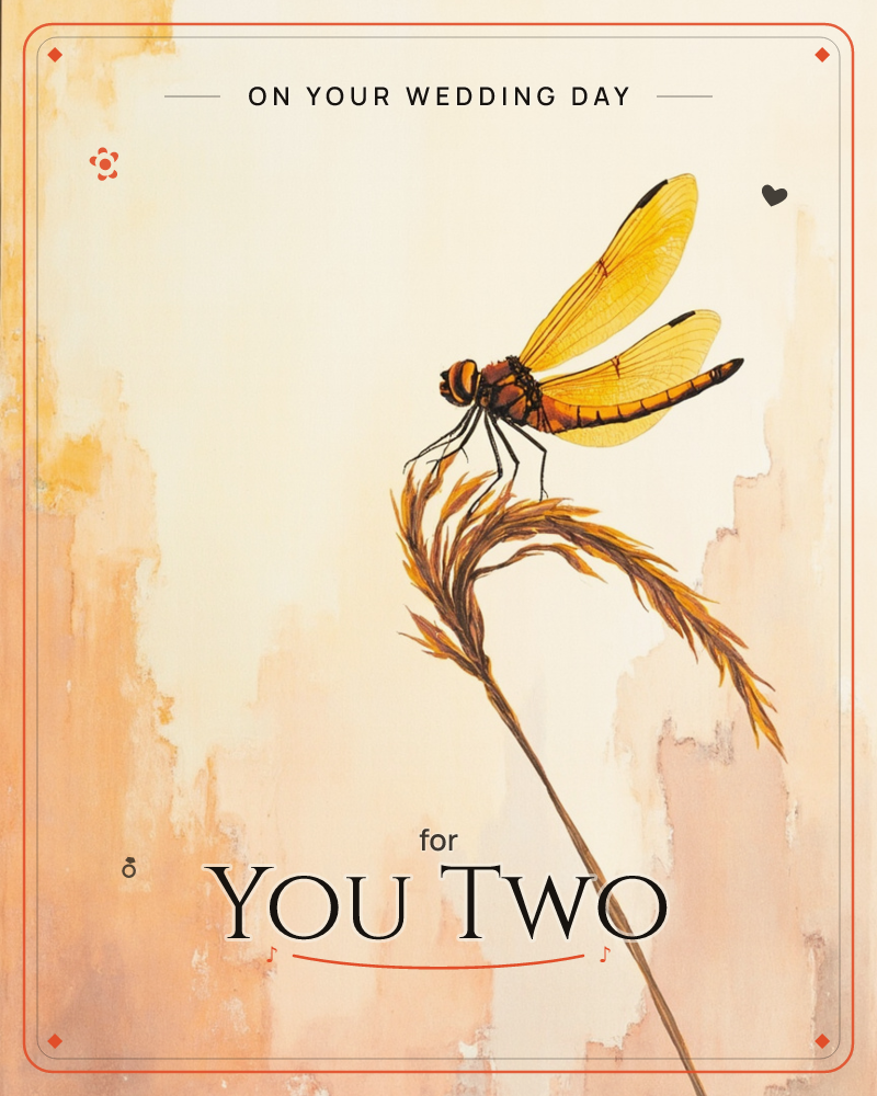 A golden dragonfly with translucent amber wings rests on a curved seed head of dried grass, its long body catching the warm light, a wedding e-card design