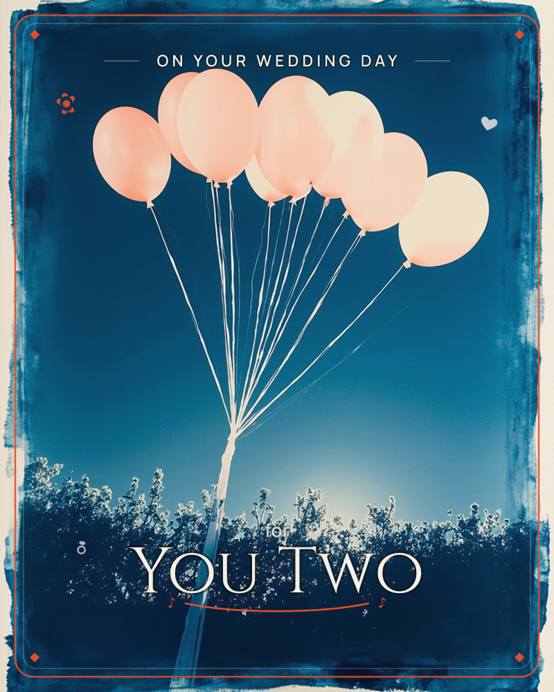 A cluster of pale pink and cream balloons drifts against a deep indigo sky, their strings trailing down into a silhouette of tall wildflowers and…, a wedding e-card design