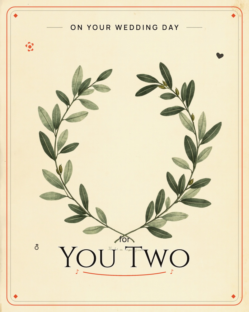 A botanical wreath of two leafy branches curves into an open circle, their stems crossing at the base like a laurel crown, a wedding e-card design