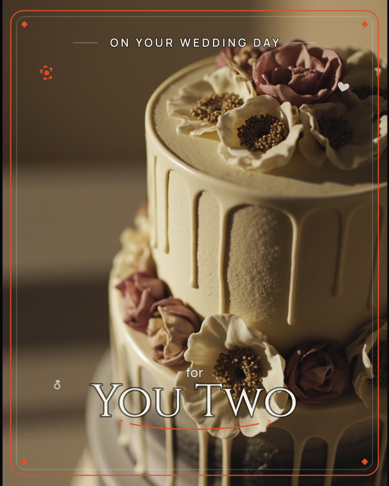 A close-up photograph of a two-tiered cream cake, its buttery ganache dripping down the sides in soft trails, a wedding e-card design