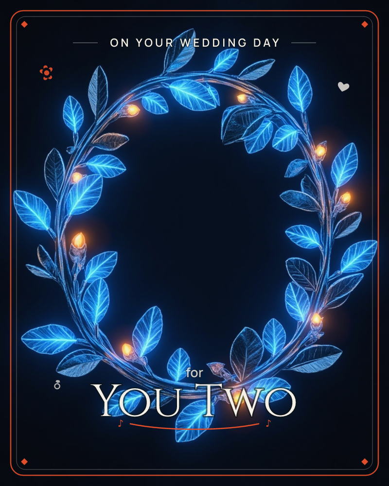 A wreath of glowing blue leaves forms a luminous ring against pitch-black darkness, its vines studded with small warm amber lights like embers caught…, a wedding e-card design