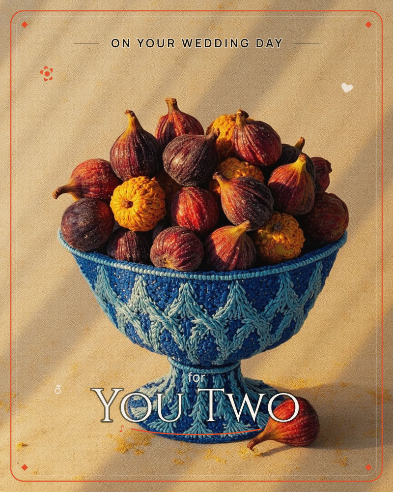 A textured blue pedestal bowl overflows with plump purple and golden figs, one fruit tumbled onto the tan surface beside it, a wedding e-card design