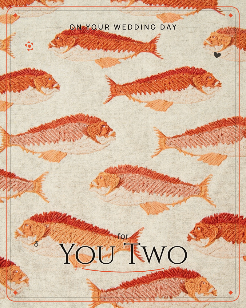 A repeating pattern of embroidered fish covers a natural linen-toned fabric, each one stitched in layered threads of rust, coral and peach with tiny…, a wedding e-card design
