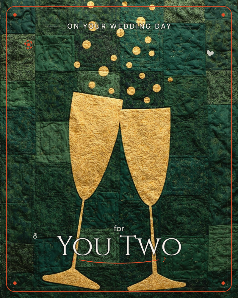 Two gold champagne flutes lean together in a toast against a deep emerald patchwork background, their textured metallic surfaces catching the light…, a wedding e-card design