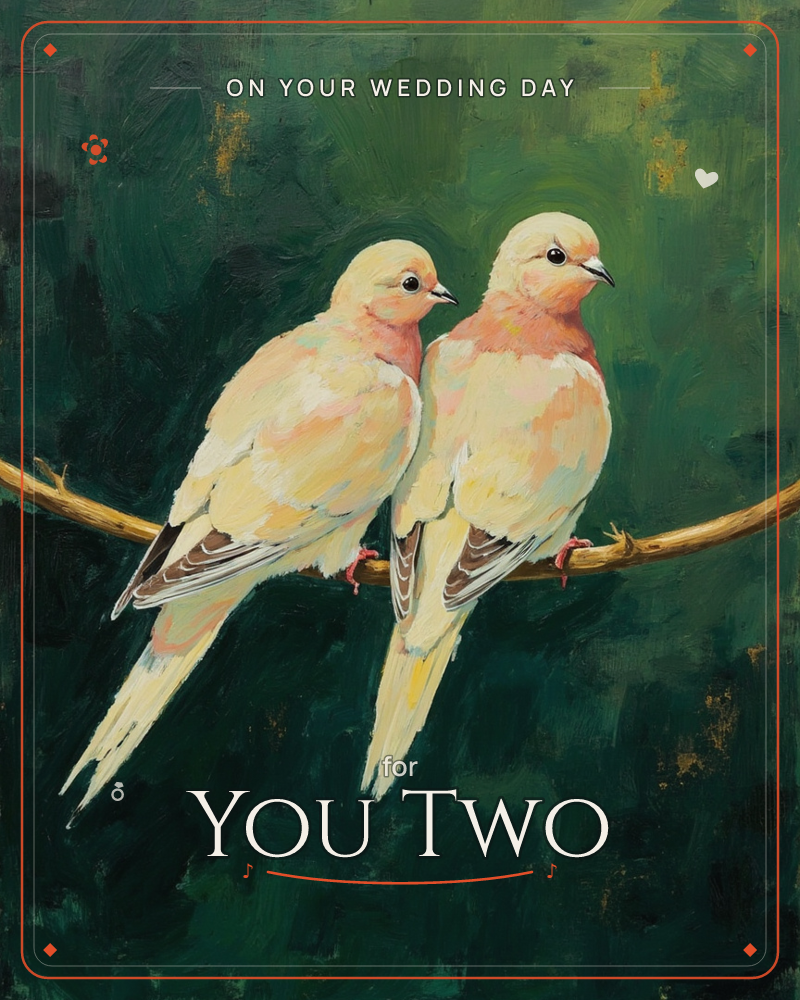Two cream-coloured doves sit close together on a curved branch, their soft pink-tinged breasts turned toward each other against a deep emerald green…, a wedding e-card design