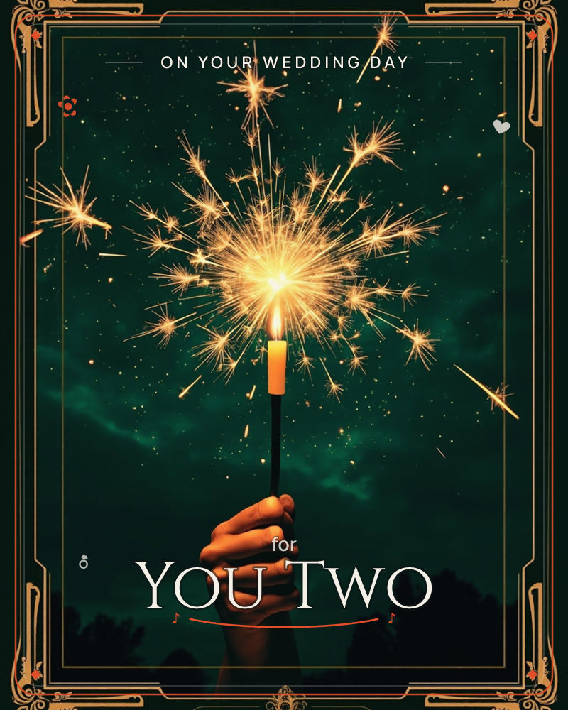 A hand rises from the bottom edge holding a lit sparkler that bursts into a golden shower of light against a deep emerald night sky, a wedding e-card design