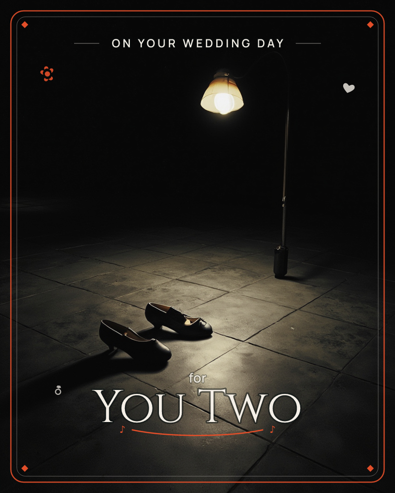 A single lamp casts a warm pool of light onto a dark stone floor, illuminating a pair of empty women's heeled shoes left standing side by side, a wedding e-card design